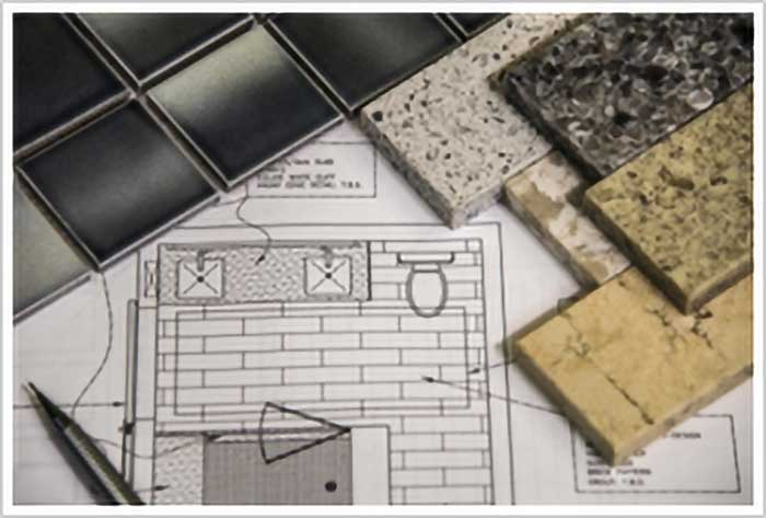 A bathroom blueprint with tile samples around it